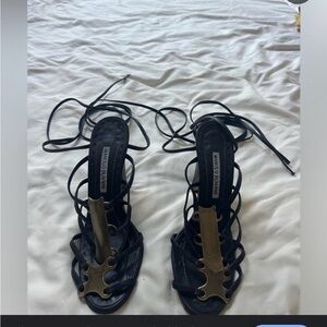 Manolo Blahnik Black and Gold Strappy Heels